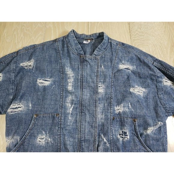 Free People Jean Jacket Women's LARGE Cotton Bomber Full Zipper Snap Distressed - Picture 3 of 10